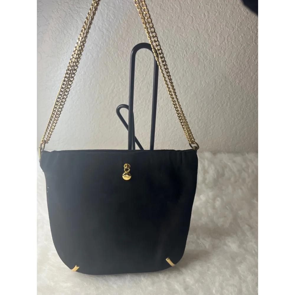 Vintage Ande 1960’s Black Suede Evening Bag Gold Double/Single Chain